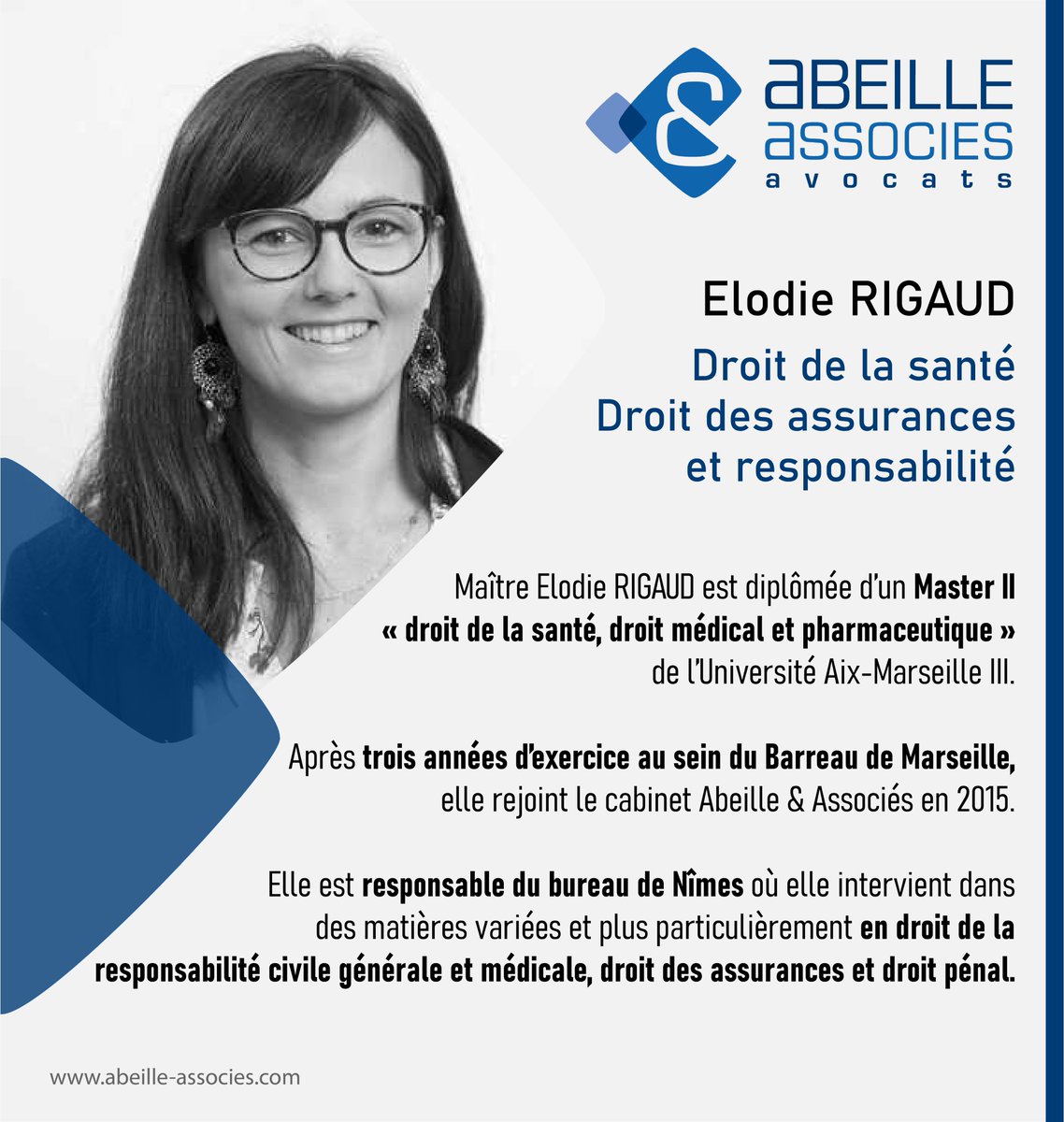 ABEILLEAVOCATS's tweet photo. 👤Focus sur Maître Elodie RIGAUD, avocat collaborateur du cabinet en #droitdelasanté, #droitdesassurances et responsabilité.

👉 Elle est responsable du bureau de #Nîmes

#responsabilitécivile #responsabilitémedicale #collaborateur #avocat #justice #portrait https://t.co/REosqBRiKS