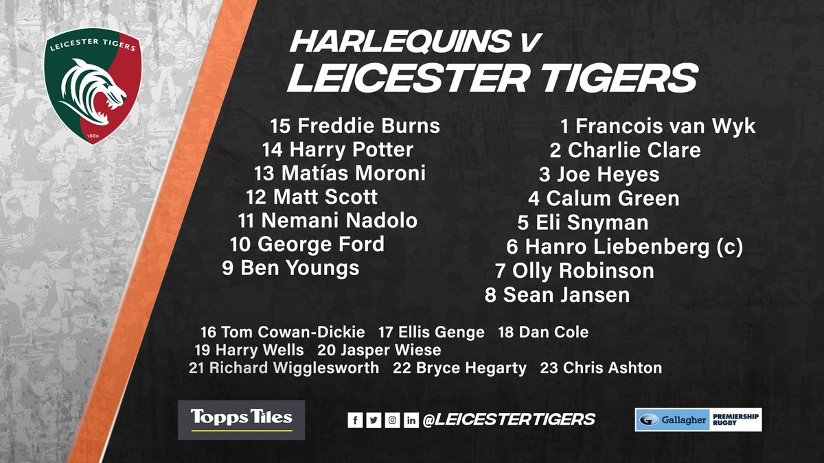 LeicesterTigers's tweet image. 📋 𝐓𝐄𝐀𝐌 𝐍𝐄𝐖𝐒 

The Leicester Tigers 2️⃣3️⃣ for Saturday&apos;s clash with Harlequins in London.

#HARvLEI 🃏🐯 #COYT 👊