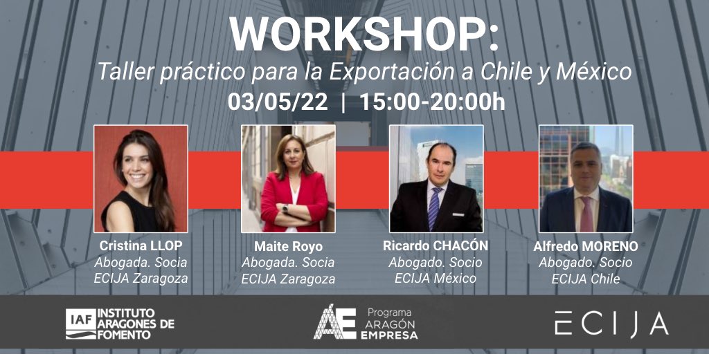 ⬇️ Taller Práctico de #Exportación a Chile y México sobre principales problemas durante el proceso y cómo resolverlos.
📅 03/05 - 15h-20h <a href="/llop_cristina/">Cristina Llop</a> <a href="/mroyorepolles/">Maite Royo</a> <a href="/ECIJA/">ECIJA</a> <a href="/IAF_Aragon/">IAF</a> <a href="/AragonEMPRESA/">Programa ARAGÓN EMPRESA</a> <a href="/Ricardochaconlv/">Ricardo Chacón López-Velarde</a> #AlfredoMoreno
📲 Inscripciones ➡️ bit.ly/ecijazgzworksh…