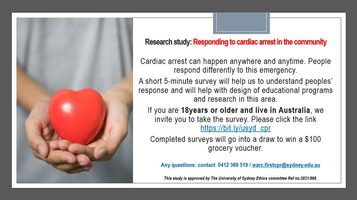 Are you >=18 years &amp; live in Australia? Please take a 5-min survey: bit.ly/usyd_cpr, to help understand responding to cardiac arrest in the community. It will inform educational programs and research. Completed surveys will go into a draw to win a $100 grocery voucher.