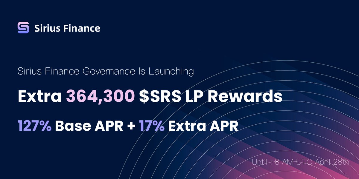 Sirius_Finance's tweet photo. 📯Our Governance Feature Is Now LIVE!

🍻To mark this milestone in a shift towards decentralization, we're giving an extra 💰364,300 $SRS rewards to 4Pool LPs until 8AM UTC April, 28th.

The first proposal will come up soon, get your veSRS ready NOW!👇⏳
https://t.co/gkep7TJv3q https://t.co/dXpzm4YWor