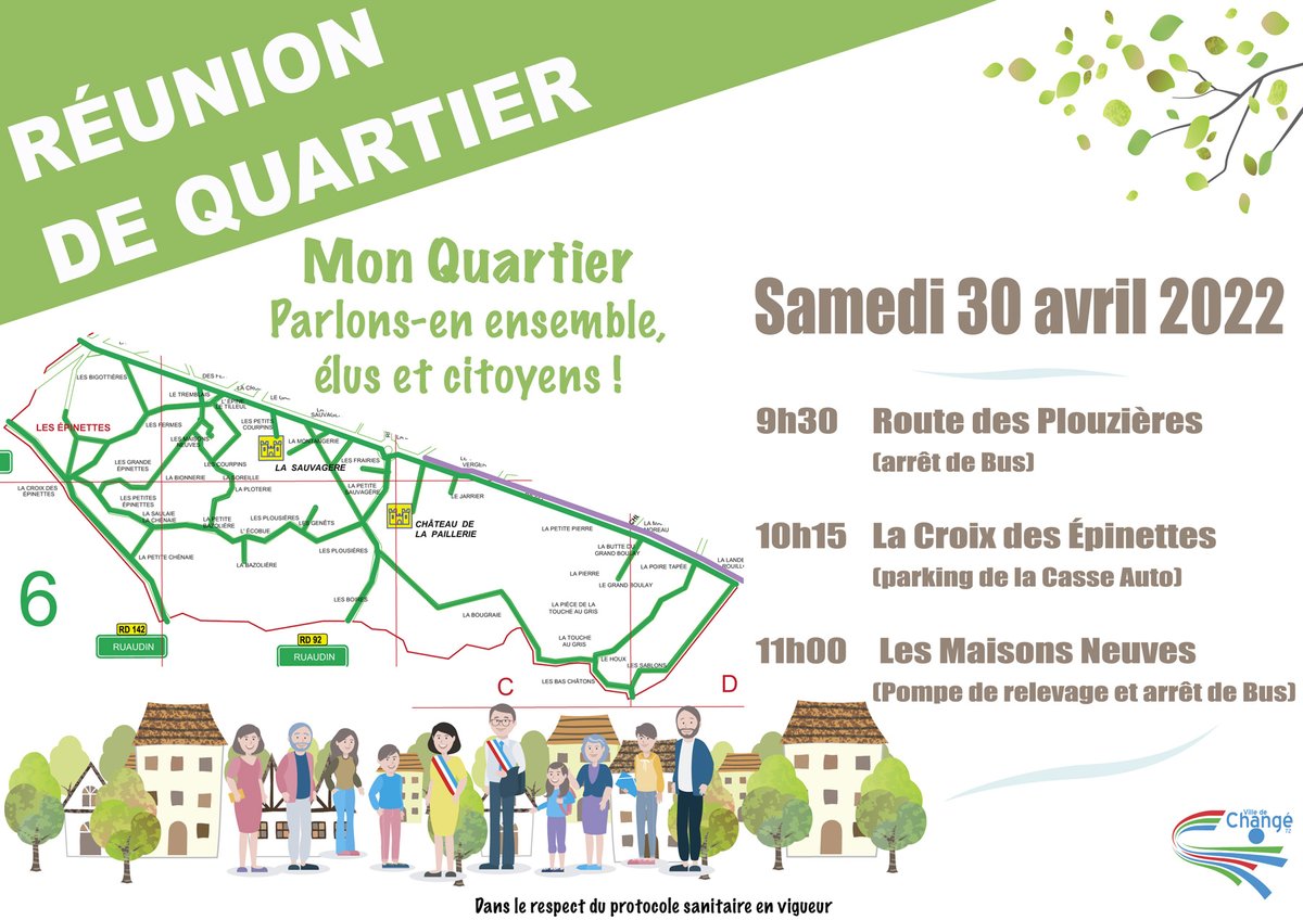 [RÉUNIONS DE QUARTIER]

Les élu(e)s iront à la rencontre des habitants de Changé le samedi 30 avril 2022 à partir de 9h30, l'occasion pour les riverains d'échanger et de s'exprimer sur la vie de leur quartier !

Nous vous attendons nombreux !
#democratieparticipative #population