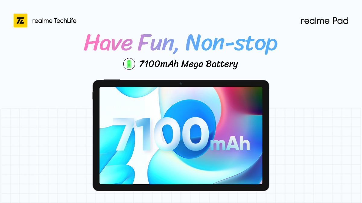 realmenarzoIN's tweet photo. Get #UltraSlimRealFun times going without the inconvenience of constant charging, on the #realmePad!
Available on https://t.co/n3vAbwM2m7 and @Flipkart.
Buy now: https://t.co/Qypgm1KRb4 https://t.co/rFhWQ1REt0