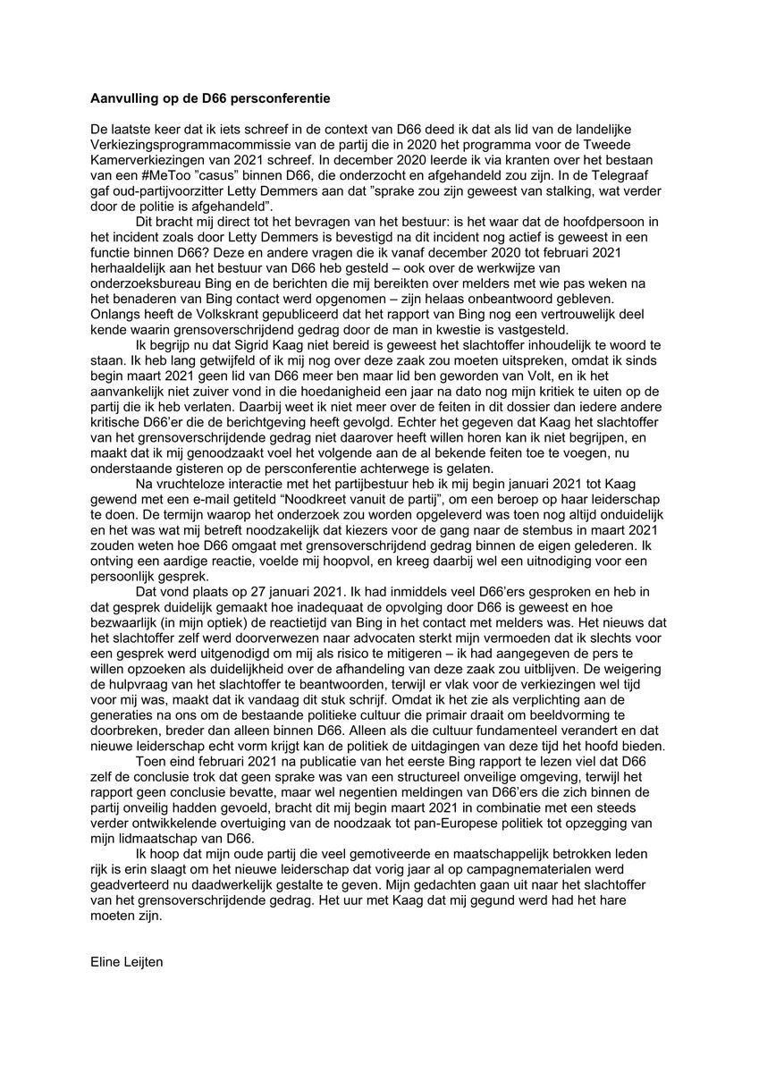 Ik had gehoopt dat de D66 persconferentie van gisteren het hele verhaal zou vertellen. Constaterend dat dit niet zo is, onderstaand mijn aanvulling op de bekende feiten en de persconferentie van D66 van gisteren over de afhandeling van de #MeToo zaak.