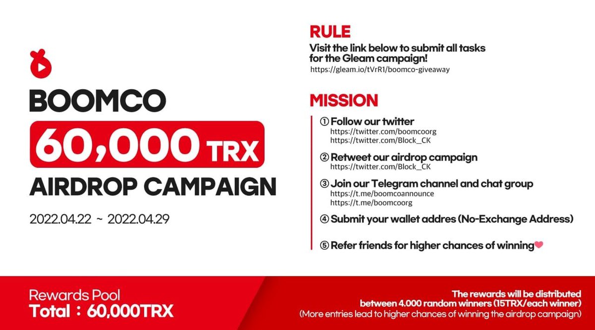 BlockChain_CK's tweet image. #Boomco is running a massive 60.000TRX #airdrop campaign in  tokens!

Join our gleam competition:
🔗gleam.io/tVrR1/boomco-g…

Page with curl Follow all the rules and tag your friends to join the airdrop campaign!

#Metaverse #Giveaway