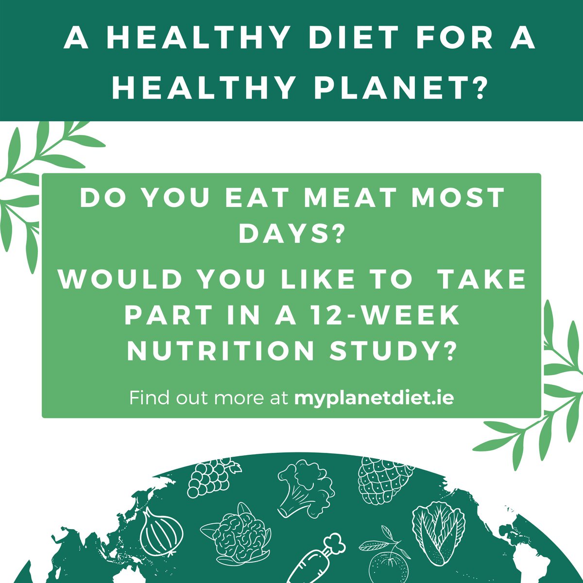 The foods we eat have an impact on our🌍This #EarthDay get involved in the MyPlanetDiet Study for free 1-to-1 nutrition advice for a more sustainable and healthy diet! Join our study or find out more at myplanetdiet.ie @UCDFoodHealth @CPH_QUB @fnsucc #InvestInOurPlanet