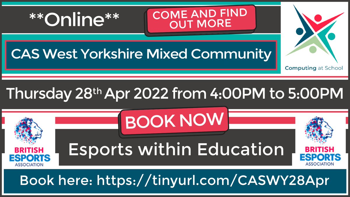 CasHumber's tweet photo. CAS West Yorkshire Mixed Community - We have a guest speaker from the British Esports Student Champs

Alice Leaman – Head of Operations at British Esports

Book here: https://t.co/HR4udcHcDa

@CompAtSch https://t.co/yNxMatqyJP