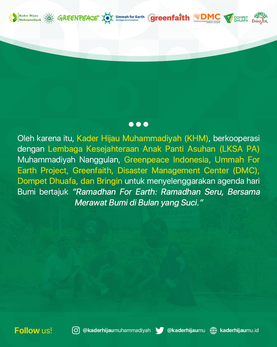 Press Release Ramadhan For Earth Hari Pertama

#HariBumi
#HariBumi2022
#EarthDay
#EarthDay2022
#Ummah4Earth
#KaderHijauMuhammadiyah
#Muhammadiyah