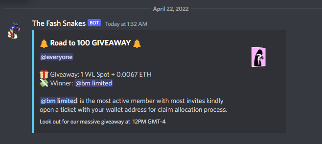 fashsnakes's tweet photo. 🔔 Road to 100 GIVEAWAY 🔔
🎁 Giveaway: 1 WL Spot + 0.0067 ETH
💸 Winner: @bmexchangeltd https://t.co/JCDSYaW8hl