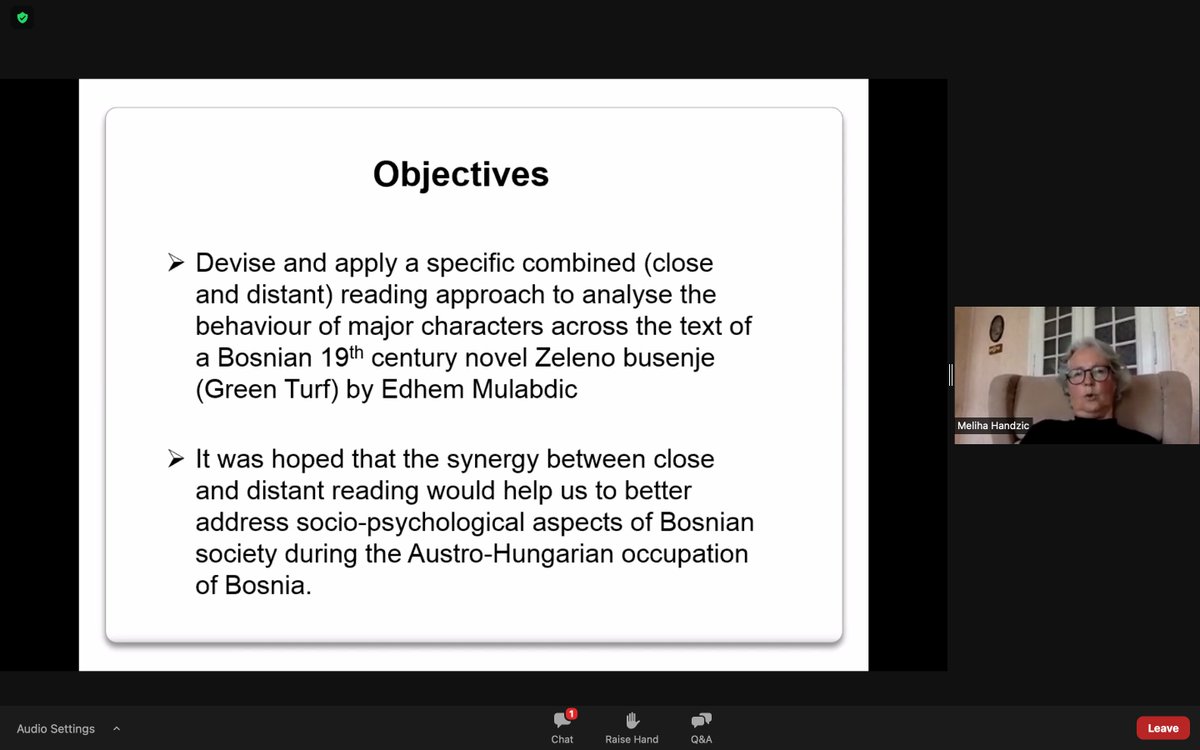 The case study on the 19th century novel Zeleno busenje by E. Mulabdic is valuable fuel for complex interpretations of  Bosnian literature, emphasizing the synergy between close and DR, as well as different digital techniques. Listen to M. Handzic and V. Mulavdic.