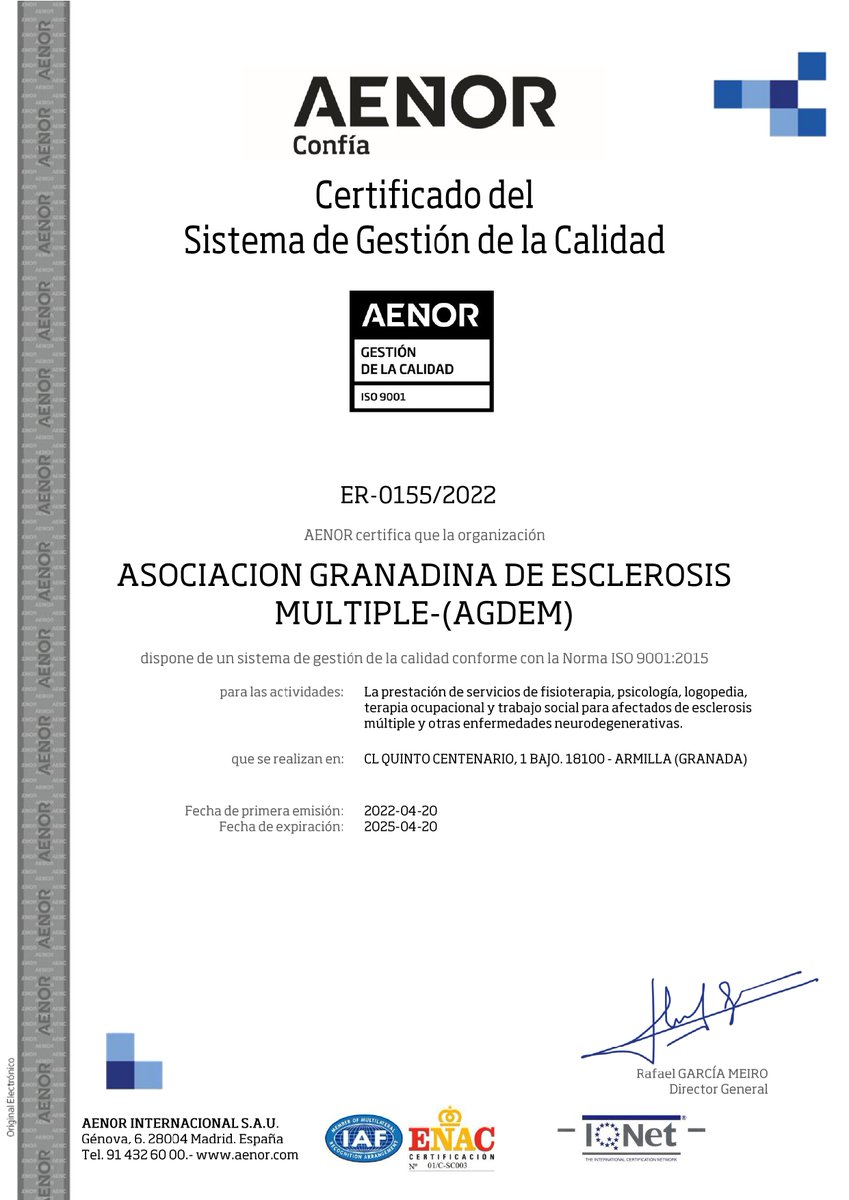 agdem_granada's tweet photo. Tras meses de trabajo y esfuerzo de todo el equipo de #AGDEM, nos alegra comunicaros que con fecha 20/04/2022 ya disponemos de Certificado de Sistema de Gestión de la Calidad conforme a la Norma ISO 9001:2015 concedido por la empresa @AENOR
Seguimos!!🙌😃💯 https://t.co/TStE4pyXkn
