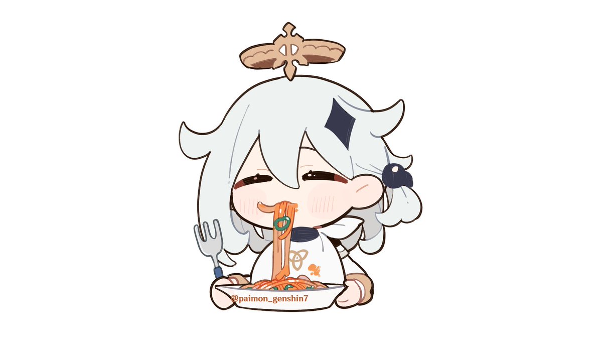 paimon (genshin impact) 1girl halo food eating solo closed eyes white hair  illustration images