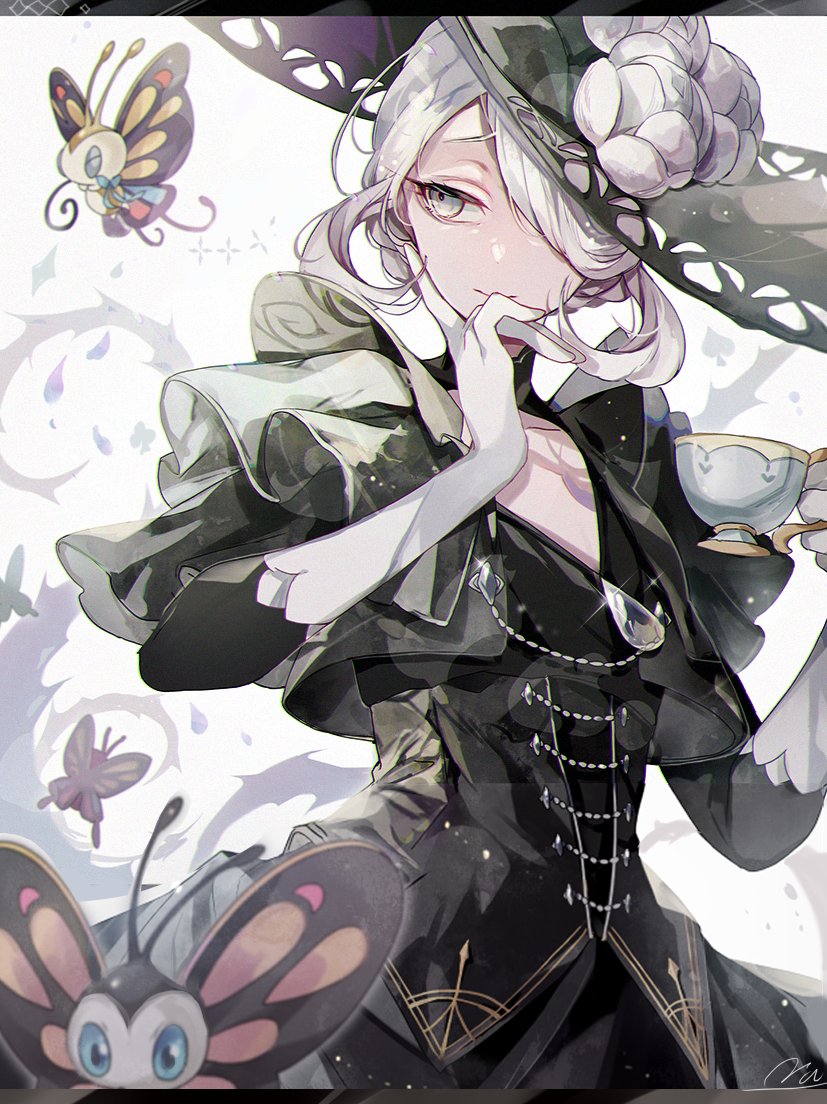 1girl gloves hat dress black dress white gloves hair over one eye  illustration images