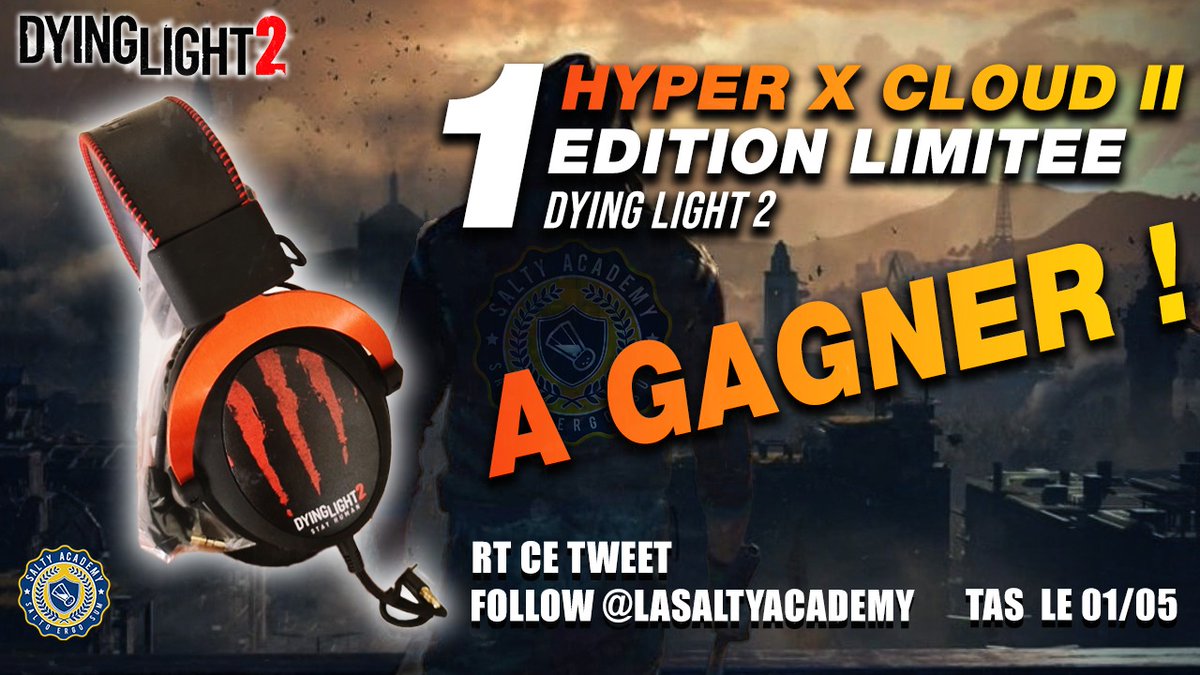 LaSaltyAcademy's tweet image. 🏆 #Concours 🏆

Les potes de chez @TechlandGames nous ont envoyé un casque @HyperX Cloud II... en EDITION SUPER LIMITEE @DyingLightGame ! 😲

... du coup on vous le donne 😊

Pour participer :
- #RT ce tweet
- Follow 
@LaSaltyAcademy
- Follow 
@Sixquatre

T.A.S le 01/05