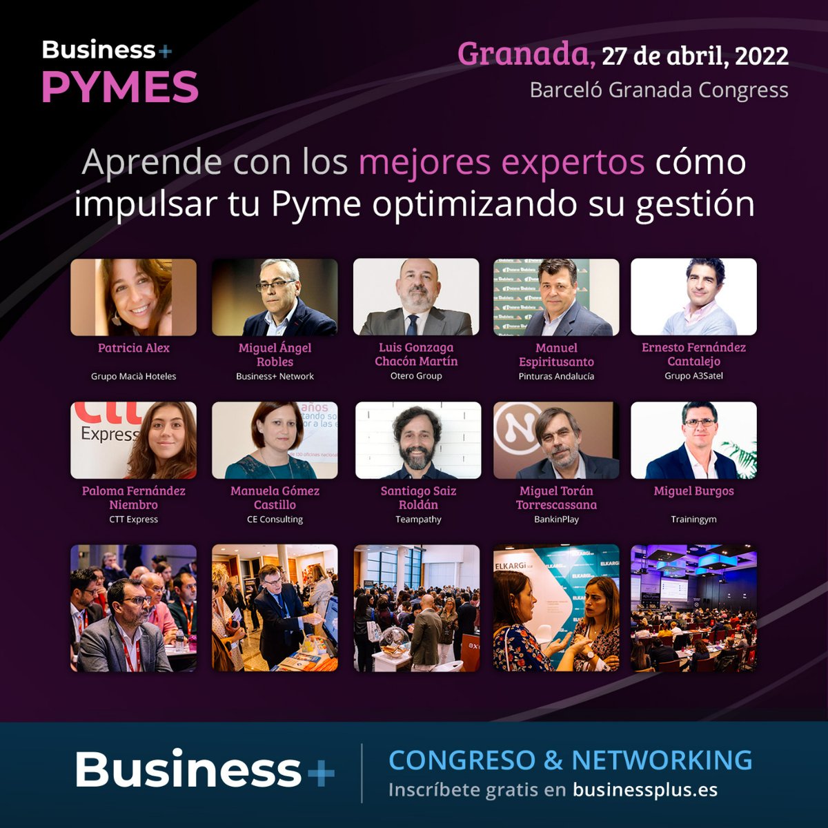 ¡Estos son los ponentes de #BusinessPlusPymes Granada!👍
¡Inscríbete gratis en el evento de las #pymes!
businessplus.es/evento/presenc…

<a href="/MiguelToranPA/">Miguel Torán</a>, <a href="/maroelvi/">Miguel Angel Robles</a>, Santiago S. Roldán de <a href="/teampathy/">teampathy</a> , Patricia Alex, <a href="/LuisGChacon/">Luis G. Chacón ✌️</a> <a href="/manuelespiri1/">Manuel Espiritusanto Álvarez</a>, Manuela Gómez  y Paloma F Niembro