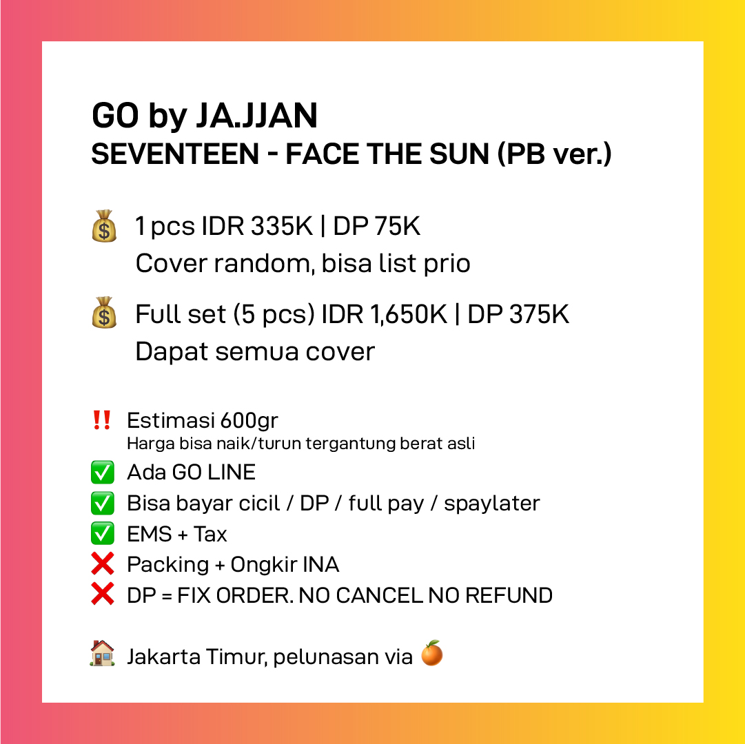 jajjan_store's tweet photo. ✨ OPEN PO SEVENTEEN ✨
Face The Sun PB ver.

💰 1 pcs = 335K | DP 75K
Cover random, bisa list prio

💰 5 pcs (fullset) = 1,650K | DP 375K
Dapat semua cover

📌 Estimasi 600gr
🏠 Jakarta via 🍊
📨 Reply/DM to claim
#. wts comeback cb svt 4th album ina #JajanDiJajjan https://t.co/5qB5xCJ2tq