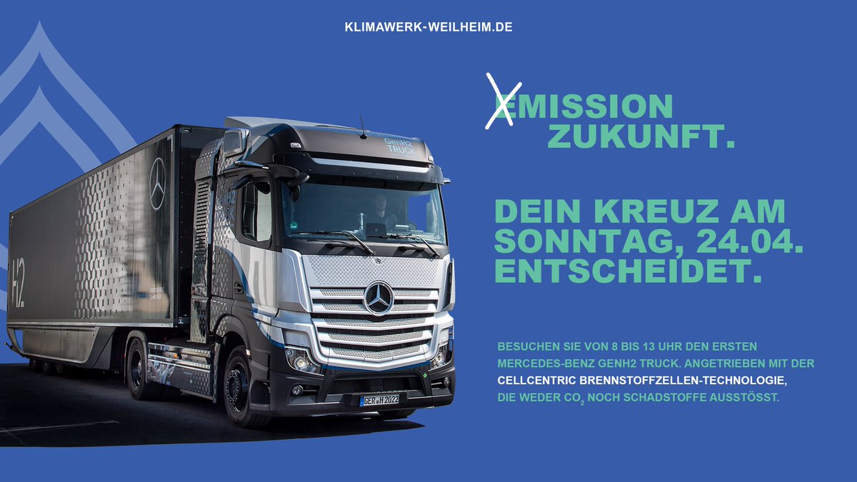Besuchen Sie am Samstag, 23.04.2022 den ersten Mercedes-Benz #GenH2 Truck. Angetrieben mit der #cellcentric Brennstoffzellen-Technologie, die weder CO2 noch Schadstoffe ausstößt.

Zur Veranstaltung: fb.me/e/2u1dAb0Jw #klimawerk #weilheim #atTRUCKtion