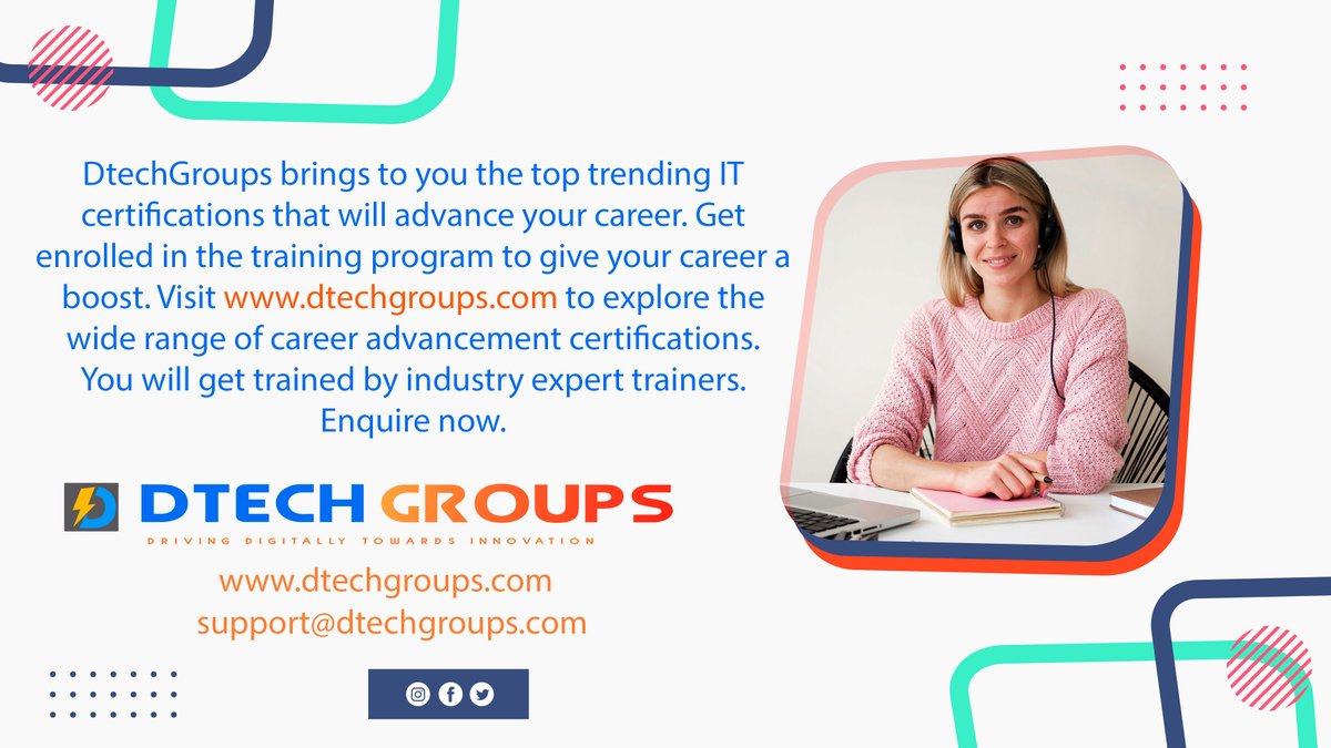 DtechgroupsM's tweet image. DtechGroups brings to you the top trending IT certifications that will advance your career. Visit dtechgroups.com to explore the wide range of career advancement certifications. You will get trained by industry expert trainers.
#career #training #certification #twitter