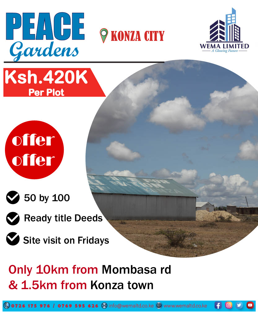 ltd_wema's tweet photo. We are happy to introduce to you our newest project Peace Gardens Konza.
Property Features
. Ready title deeds
. Water &amp; electricity
. Flexible payment plans
. Quality internal roads
.10 Km from Konza Technocity
Instalment plan: 30% Deposit + Balance payable in 6 months https://t.co/pxZMdEZorN