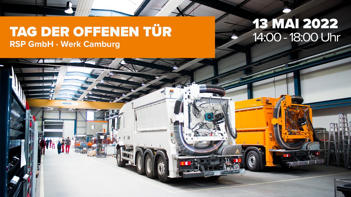 Am 13.05.2022 öffnet von 14:00 - 18:00 Uhr unser Standort in Camburg  die Tore, um Interessierten einen Einblick in die Produktionshallen der RSP GmbH zu gewähren. 

Was wird geboten? 
Rundgang Produktion, Saugbagger-Vorführung, HR-Infostand, Verpﬂegung

Eintritt? 
Frei.