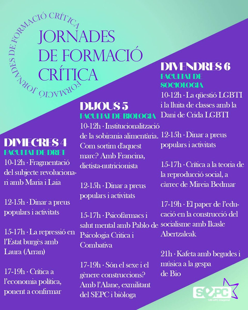 🔴 Aquest 4, 5 i 6 de Maig el Sepc Diagonal organitzem les Jornades de Formació Crítica, a les facultats de Dret, Biologia i Sociologia. 
👉 Amb aquestes jornades pretenem dotar-nos d’eines teòriques per desenvolupar la nostra praxi revolucionaria. 
Reserveu les dates!!⚡