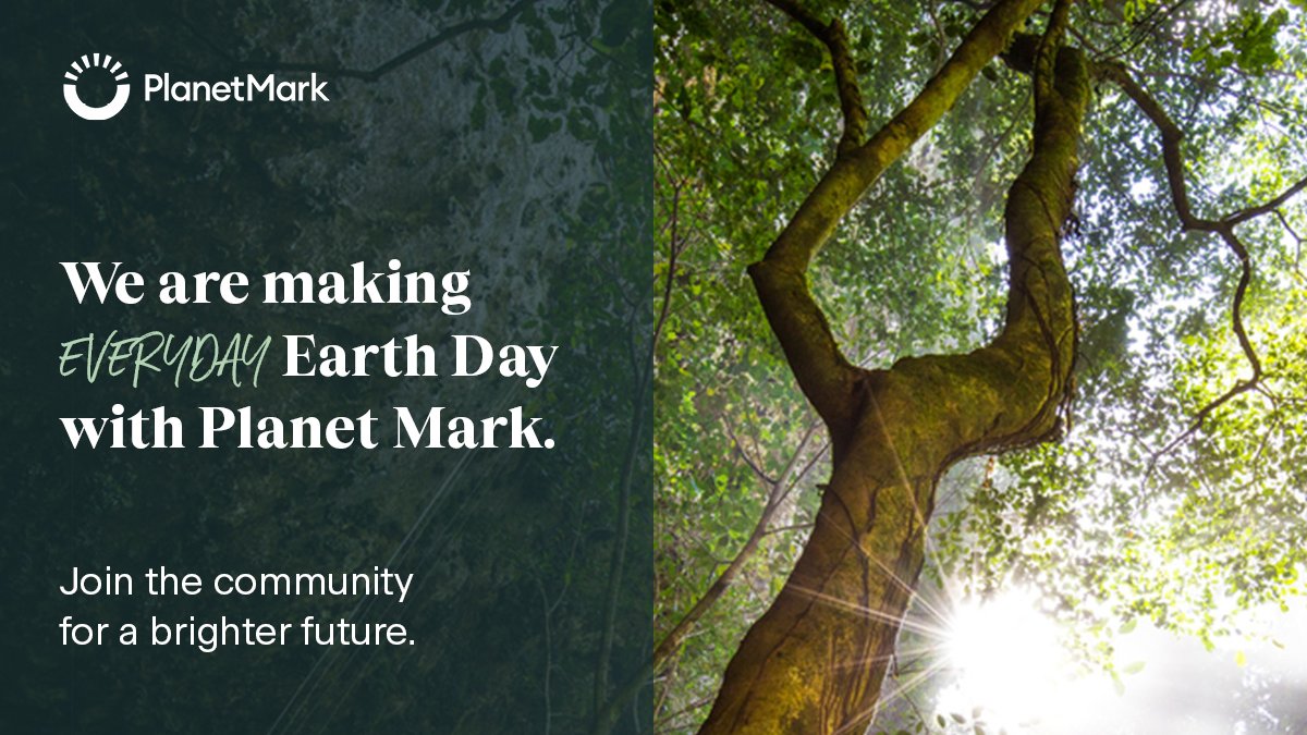 A tree is backlit by the sun through its leaves. Against a dark green background, text reads 'we are making every day Earth Day with Planet Mark. Join the community for a brighter future.' The Planet Mark logo is in the top left corner.
