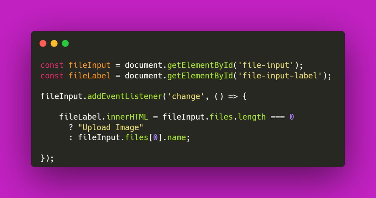 codeblock_za's tweet image. If you use Bootstrap custom file inputs, here's some JS to update the label with the file name. 😉