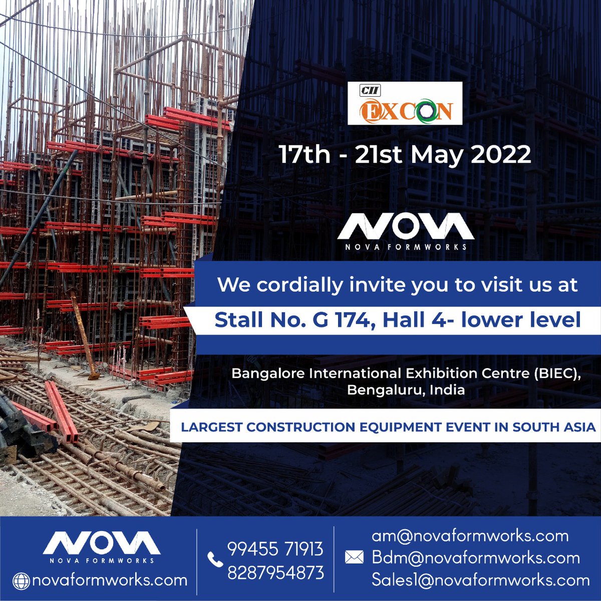 We cordially invite you to visit us at the largest construction equipment event.
Bangalore International Exhibition Centre (BIEC), Stall No. G174, Hall 4- Lower level
.
.
.
#formwork #excon #exhibition #constructionevent #largestconstructionequipmentevent #constructionexhibition