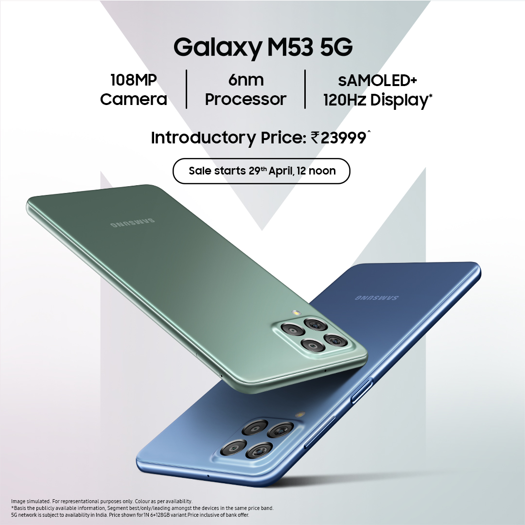SamsungIndia's tweet image. Flaunt your beautifully detailed clicks to the world, captured on the segment best 108MP Camera or take stunning selfies with the 32MP Front Camera on the all-new #GalaxyM53 5G. The possibilities are endless as the Galaxy M53 5G is #UpForItAll.