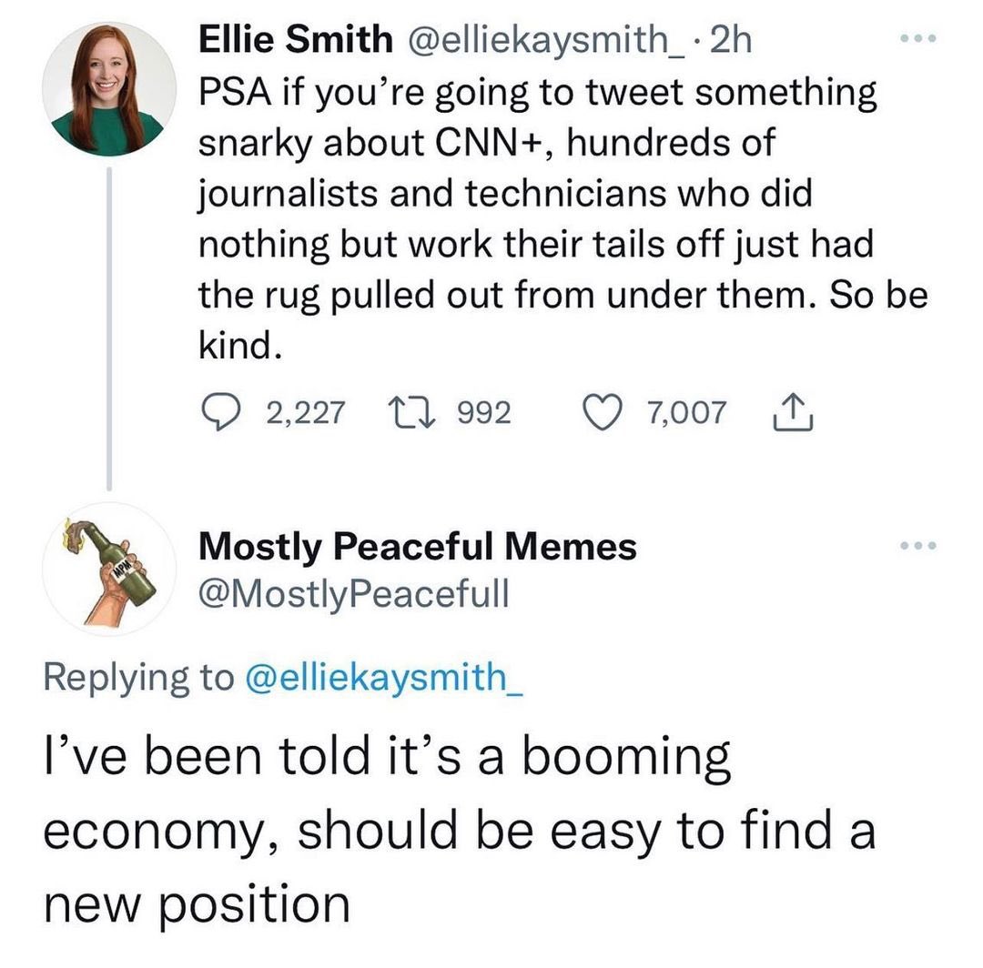 TheBradRules1's tweet photo. Werenโt they the same people who echoed the Biden Administration when the Keystone Pipeline employees lost their jobs in saying they should just all get green energy jobs? Well looks like they know how it feels! #CNNPlus #GowokeGobroke #TheyllNeverLearn https://t.co/Ke6mgKoC0x
