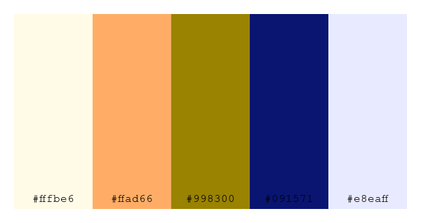 ColPaletteBot's tweet photo. Beep beep, here's a pretty color palette for you!
color-scheme.js parameters used:
- hue: 249
- variation: hard
- colors: #fffbe6, #ffad66, #998300, #091571, #e8eaff
Have a lovely day!
#twitterbot #colorpalette #colors #palette #prettycolors https://t.co/bX9StZ4Q63