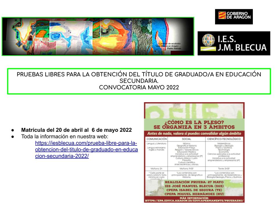 Abierto plazo matrícula pruebas libres obtención título de la E.S.O. para mayores de 18. años. Toda la información en nuestra web: iesblecua.com/prueba-libre-p…