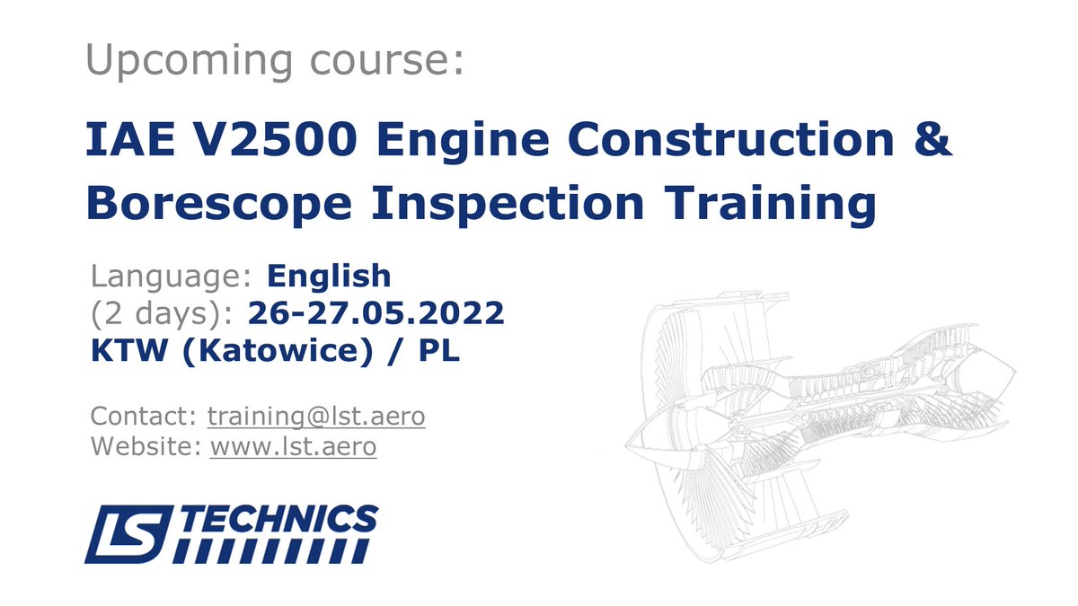 LsTechnics's tweet photo. 🔜 IAE V2500 Borescope Inspection &amp; Engine Construction Training coming up at LS Technics on 26-27.05.2022 in KTW.
Book your place now at: training@lst.aero 
#aviationcourses #aircraftmaintenance #iloveplanes 😃✈👍✈️ https://t.co/09xYOkFZn2