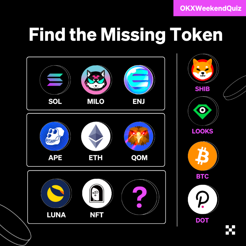 okx's tweet photo. OKXWeekendQuiz: Find the Missing Token 🔍

Win up to 120 USDT 💰

To enter:
1⃣️ Follow +Like + Retweet
2⃣️ Comment your answer &amp; @ 2 friends
3⃣️ Fill ⤵️