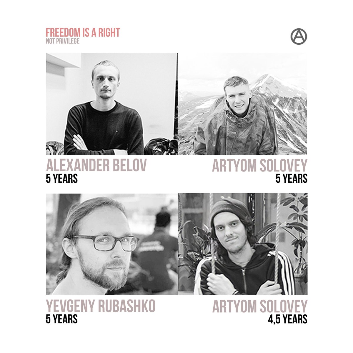 Freed0mIsARight's tweet photo. RT plz
thread 1/13

19.5 years in prison for four: anarchists from #Belarus  were sentenced in the "Pramen case"  

#FreedomIsARight #AnarchistPrisoners
#FreeBelov #FreeSolovei #FreeRubashko https://t.co/LQXMaWsaDe