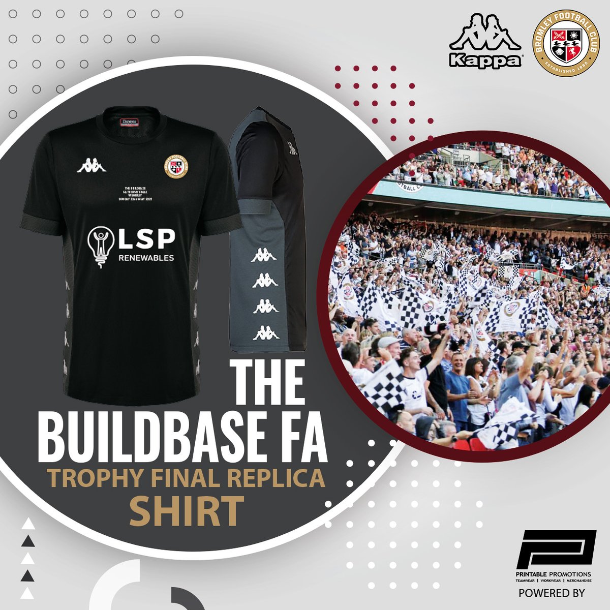 bromleyfc's tweet photo. We are delighted to unveil our commemorative @Kappa_UK FA Trophy final kit, proudly sponsored by @LspRenewables!

Read more 👉 https://t.co/PCkRSoFZ2O 

Pre-order now 👉 https://t.co/IcDZBDjVLA

#WeAreBromley https://t.co/88xaRT0FGw