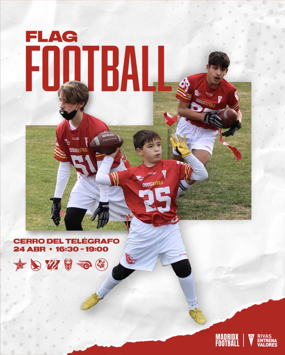 🆙️ ¡Este domingo organizamos la jornada de flag de las ligas @MadridXFootball sub11 y sub15!

✅ Hasta siete equipos disputarán sus encuentros en el Cerro del Telégrafo durante toda la tarde.

🚸 ¡El deporte base juega en Rivas!