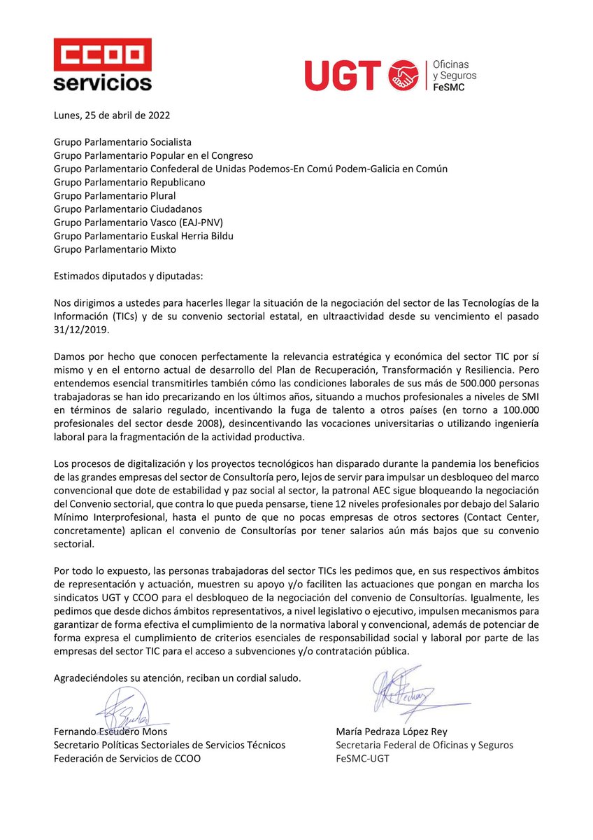 TICCOOservicios's tweet image. Nos dirigimos a los grupos parlamentarios para exponer la situación del sector:

Abrimos hilo
#ConvenioTICDigno #NoPrecaryTIC

@serviciosccoo @CCOOCantabria @ServCCOO_Prensa @ServiciosCCOOMu @CCOOServMad @ccooserv_astur @CCOOServ_CyL  @ccoo_serva @ServiciosAragon @FSMA_CCOO
