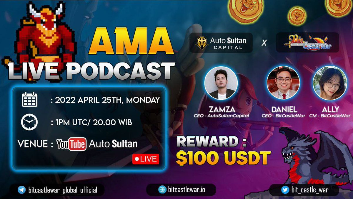 Autosultan_team's tweet photo. 🔈Auto Sultan with @bit_castle_war live podcast ! 

📆 Date : 2022 April 25th, Monday 
⏰Time :  01.00 PM UTC/ 20.00 WIB
💰Win $100
Venue  : ▶️Youtube Auto Sultan
📝Detail : https://t.co/EsH1gBLGvr
Drop your question here : https://t.co/yJIkQtBGF5
#autosultan #cryptocurrency #AMA https://t.co/XHiVIT1nVm