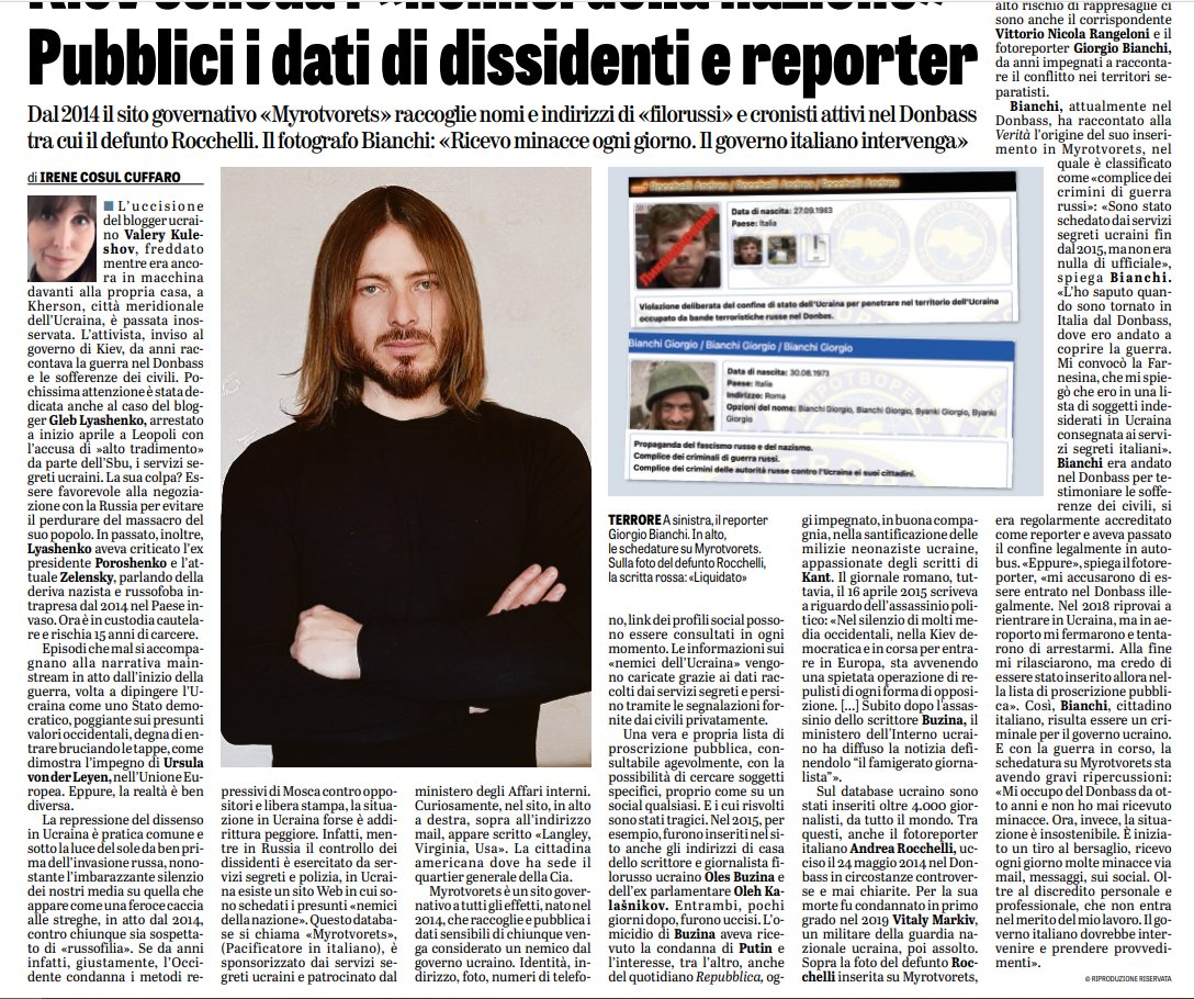 OrtigiaP's tweet photo. Alla faccia della democrazia!Schedati giornalisti e reporters di guerra tra cui il fotoreporter Rocchelli ucciso in Donbass per mano ucraina.E' regime nel momento in cui si silenziano le voci libere che raccontano la guerra.A Mosca e a Kiev. @VRangeloni e #giorgiobianchi SGRADITI https://t.co/iL7W6LpcA9