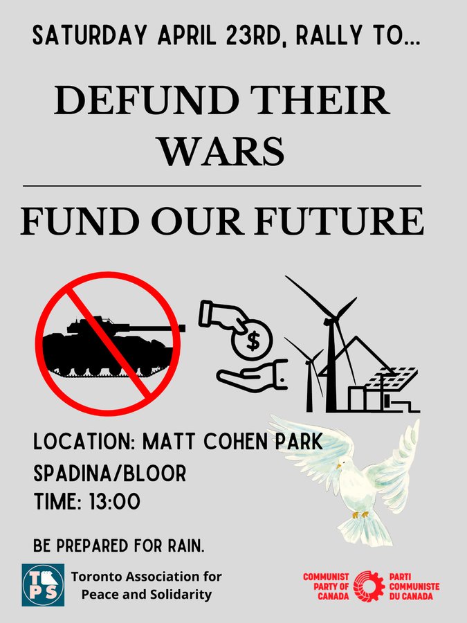 <a href="/JustinTrudeau/">Justin Trudeau</a> DEFUND THEIR WARS
FUND OUT FUTURE

TORONTO! Stand Up! Speak UP! Don't let warmongers Lockheed Martin, Raytheon, BAE Systems steal your money! Our govt is giving HUNDREDS OF BILLIONS OF OUR MONEY TO THEM.

Come! Saturday in front of Chrystia Freeland's office. 1pm @ Bloor&amp;Spadina