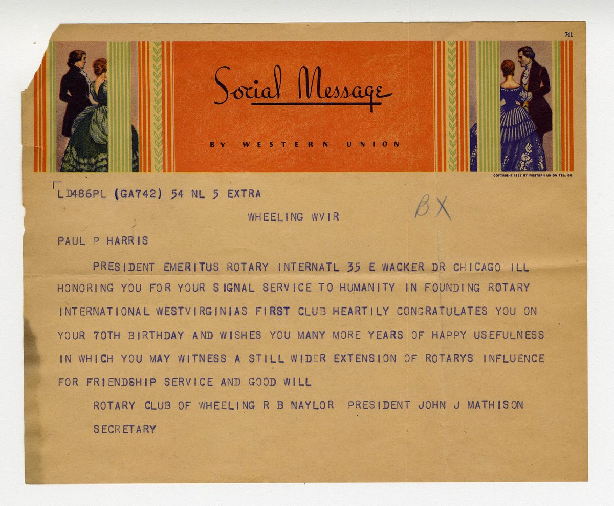 RotaryBigCanoe's tweet photo. This week was Paul Harris' birthday🎉 In 1938, when he turned 70, Harris received birthday telegrams from the Rotary network around the world, a testament to the value placed on friendship and goodwill in the early days of Rotary. @Rotary shared these documents on social media. https://t.co/VTJ6vTS0NY