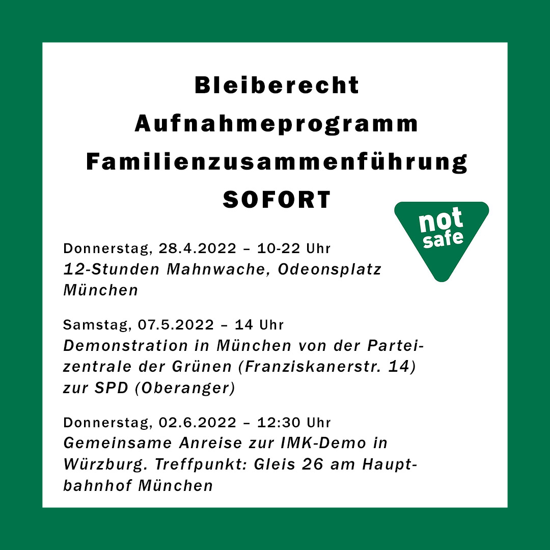 cara_089's tweet photo. #DontForgetAfghanistan
Bleiberecht – Aufnahmeprogramm – Familienzusammenführung
SOFORT
Kampagne zur Innenminister*innenkonferenz in Würzburg 2022:
Donnerstag, 28.04.2022 – 10-22 Uhr | 12-Stunden Mahnwache, Odeonsplatz München
Samstag, 07.05.2022 – 14 Uhr | Demonstration
(1/8) https://t.co/946xnwIJnz