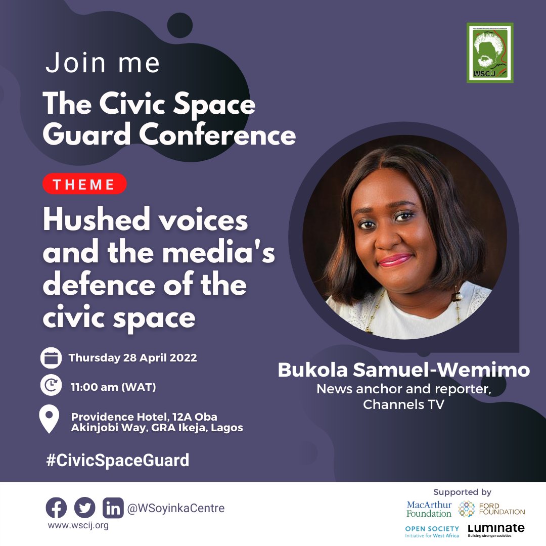 <a href="/VictoriaOhaeri/">Victoria Ibezim-Ohaeri</a> <a href="/Spaces4Change/">Spaces for Change</a> <a href="/MobilePunch/">Punch Newspapers</a> @benhundeyin @LagosPoliceng <a href="/PoliceNG/">Nigeria Police Force</a> <a href="/TheNationNews/">The Nation Nigeria</a> <a href="/fijnigeria/">Foundation for Investigative Journalism (FIJ)</a> <a href="/InibeheEffiong/">Inibehe Effiong</a> <a href="/AbuDooshima/">Dooshima Abu</a> <a href="/benuestategovt/">Benue State Government</a> <a href="/mrmacaronii/">Debo Adedayo</a> Meet our moderator for the 2022 #CivicSpaceGuard Conference.
@BWemimoTVC is a news anchor and reporter with <a href="/channelstv/">Channels Television</a>. She was arrested and detained by agents of <a href="/StateDeptDSS/">Diplomatic Security Service</a> in 2020 for allegedly violating their traffic laws.