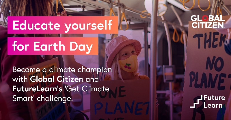 FutureLearn's tweet photo. To tackle climate change, we need to understand it first. That’s why we’ve teamed up with @GlblCtzn to help educate the world about climate and sustainability issues 🌿 Tap below to join the challenge ⬇️