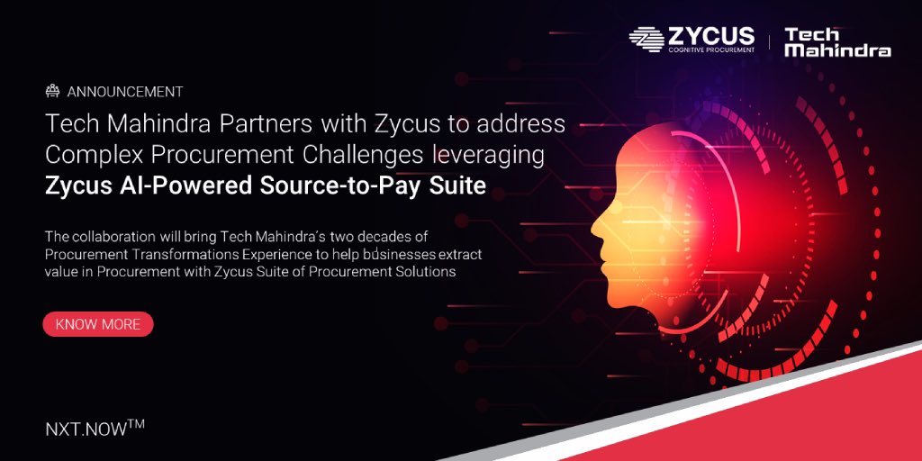 tech_mahindra's tweet photo. We're delighted to announce our partnership with @Zycus to address Complex Procurement Challenges by leveraging Zycus's #AI-powered source–to–pay suite &amp; our #ProcurementTransformation experiences to help businesses extract value in #Procurement.

More: https://t.co/JqkegeVG6l https://t.co/dXfsxa6OEZ