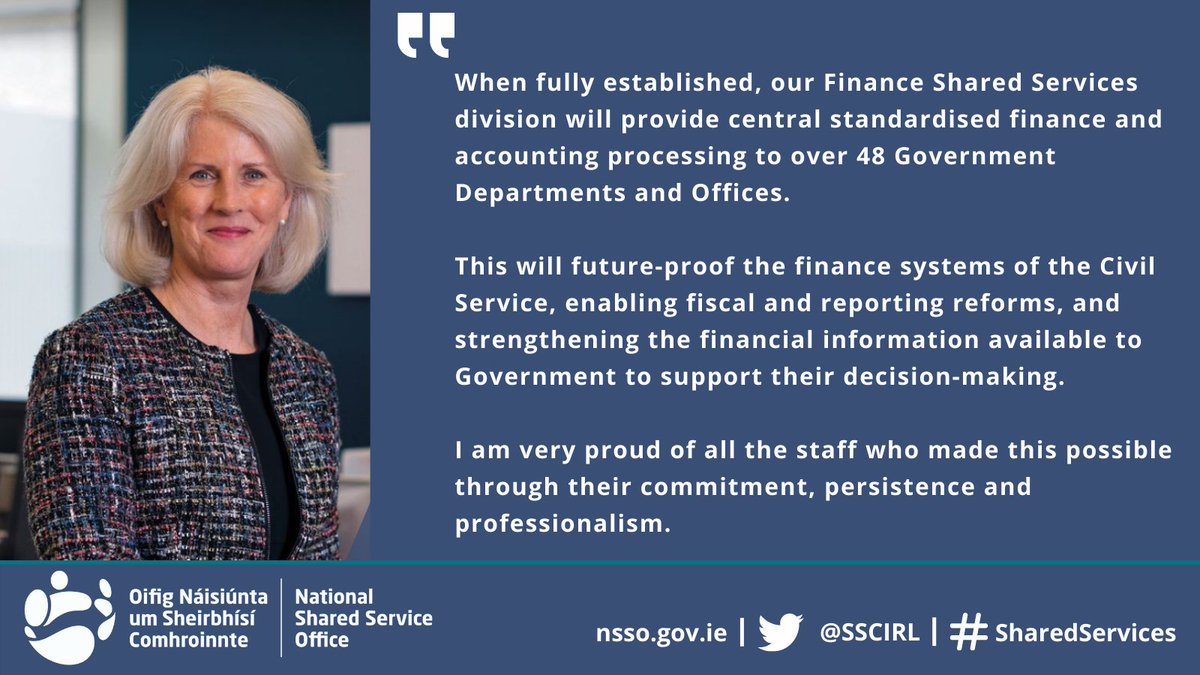 NSSO_ie's tweet photo. This week marks a key milestone for the NSSO as it launches its Finance Shared Services, on a new, single integrated financial platform for central Government.
#SharedServices #MakingInnovationRealIRL #SharedServicesIRL https://t.co/aBjhn5mFyp