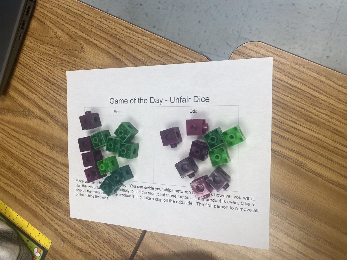 mooremathnerds's tweet image. Grade 5 Probability Game: Unfair Dice.
The first game vs the last game. Partners place cubes in an even or odd space. Next they find the product of two rolled dice. If the product is even or odd they remove the cube from that space. Developed from @theresawills