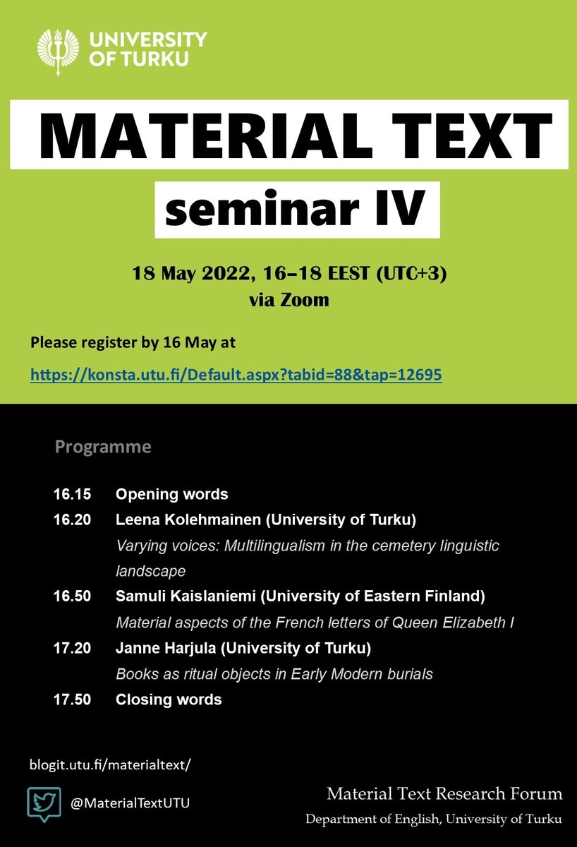 MaterialTextUTU's tweet image. Get ready for some excellent material text discussions on 18 May! Leena Kolehmainen, Samuli Kaislaniemi, Janne Harjula - cemeteries, Liz II's letters, books as ritual objects 🪦💌📚

Registration link: konsta.utu.fi/Default.aspx?t…

@LeenaKolehmain5 @samklai