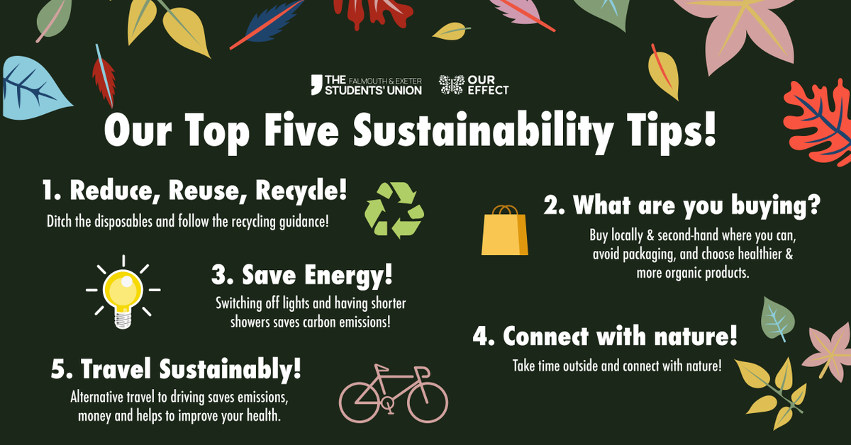 UniExeCornwall's tweet photo. On #EarthDay2022, we're sharing our top 5 tips on living more sustainably, compiled by @TheSUFalExe and the @falmouthexeter #Sustainability team. π #oureffect #investinourplanet https://t.co/WoDXsVGPHS